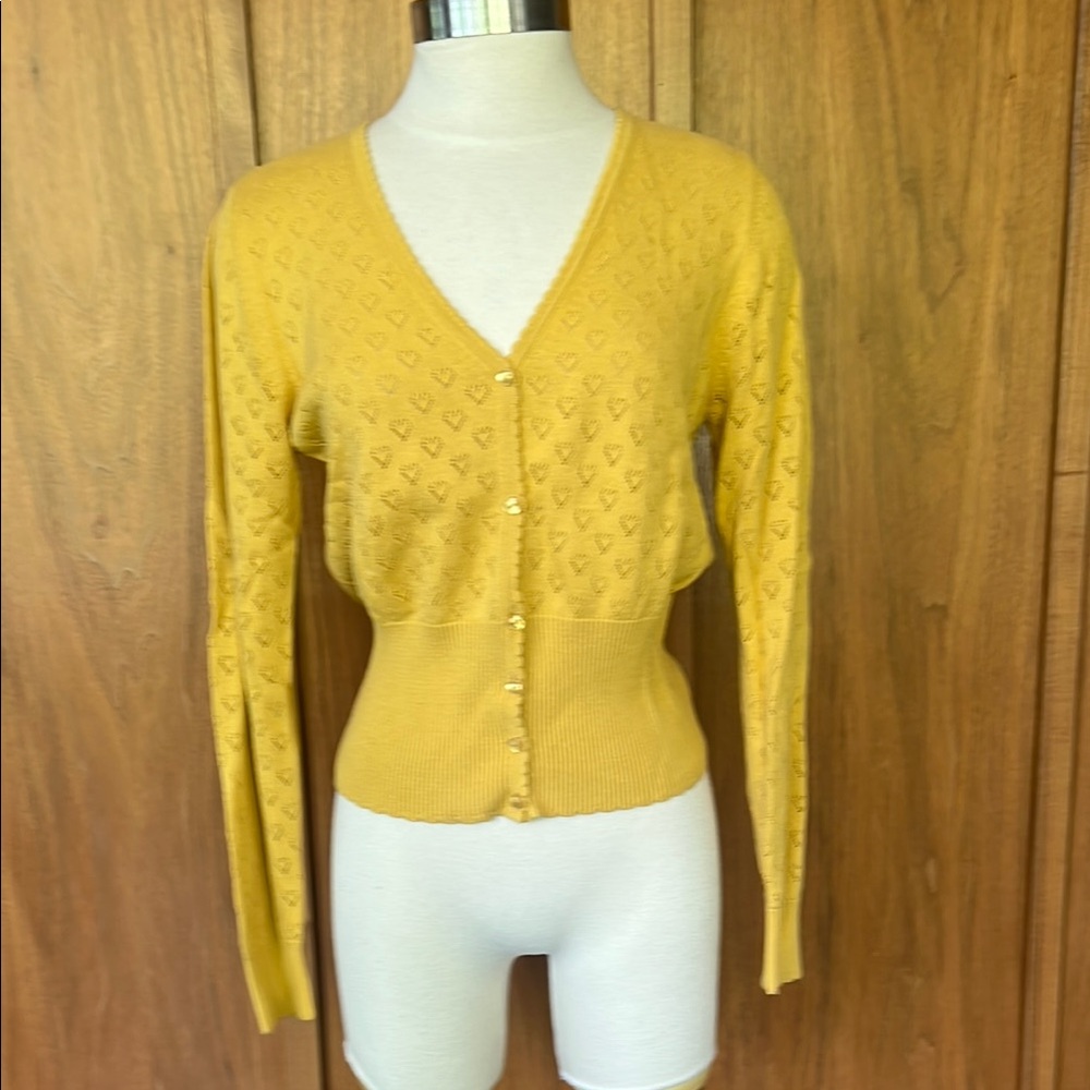 Louie Lucie, Yellow V-Neck Button-Up Women's Sweater with heart motif in buttons
